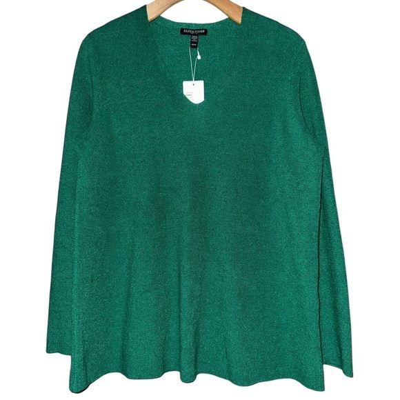Eileen Fisher NWT Women’s S P Jade Green Linen Blend Ribbed V-Neck Tunic Sweater